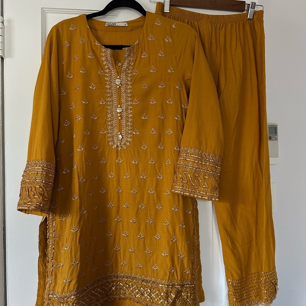Khaadi Mustard Colored Shalwar Kameez, Size 10 (Small)